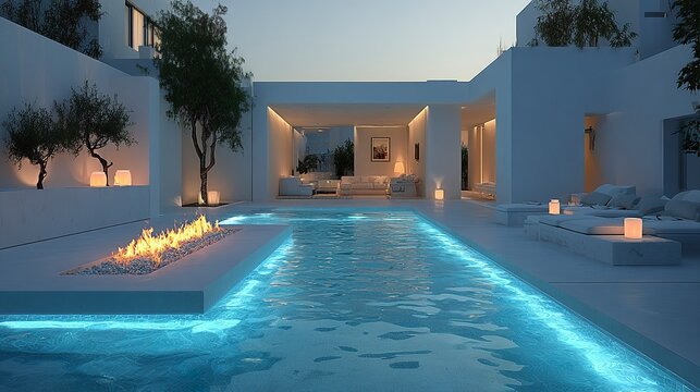 Contemporary high-end villa with sleek architecture, outdoor lounge area, and ambient evening lighting  