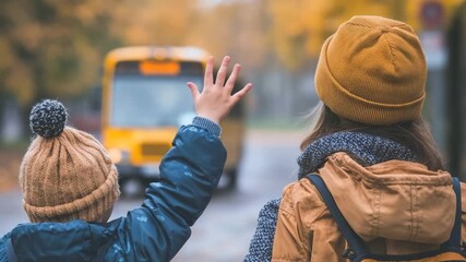 Children waving goodbye to yellow school bus autumn morning jackets beanies backpacks friendship journey education seasonal travel childhood farewell moment 4K
