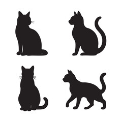 Vector art of four black cat silhouettes, showcasing different poses and stances of the feline, perfect for design and illustration projects