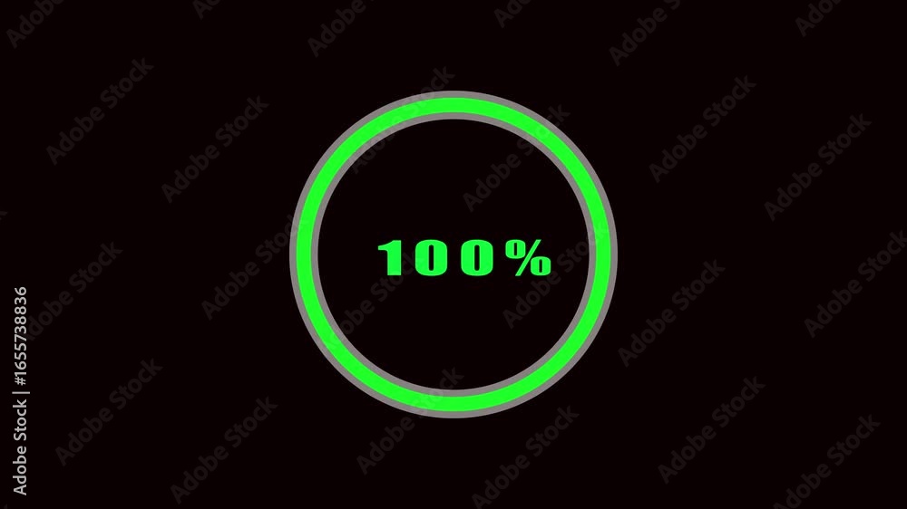 Poster 100 percent complete green neon ring loading animation progress bar circle graphic user interface di