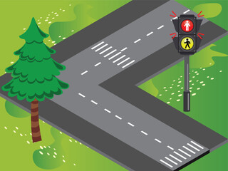  City roads with traffic lights front view illustration
