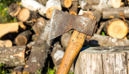 Rustic axe resting on a weathered stump, surrounded by a pile of logs.