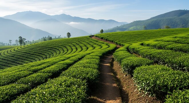 Lush Green Tea Plantation Landscape with Winding Path and Misty Mountains