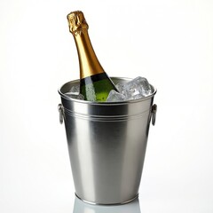 Bottle of champagne chills in sleek metal ice bucket filled with clear ice cubes. Stylish accessory perfect for celebrations, parties, special occasions, adding touch of luxury, elegance to event.