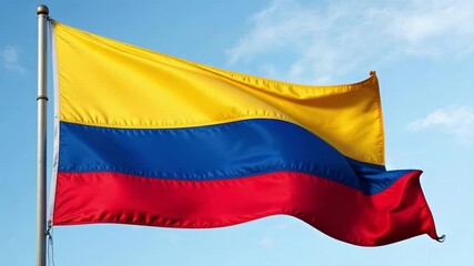 Stunning photorealistic Colombian flag waving dynamically against a vibrant sky blue backdrop, perfect for national pride and patriotic themes. - Powered by Adobe