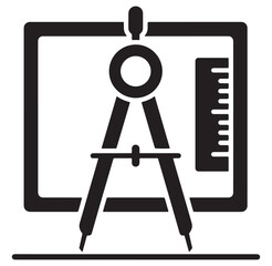 Black and white minimalist illustration of a compass drafting tool for architecture and design