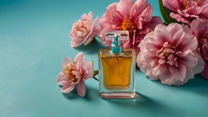 Amber Perfume Bottle with Pink Flowers on Aqua Background &ndash; Elegant Fragrance Concept Highlighting Luxury, Beauty, Romance, and Feminine Style