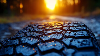 Muddied Tire Tread at Sunset, Forest Path