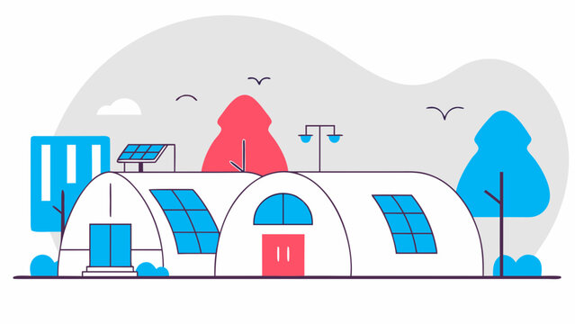 Illustration of two connected white quonset huts with solar panels and trees in a landscape view