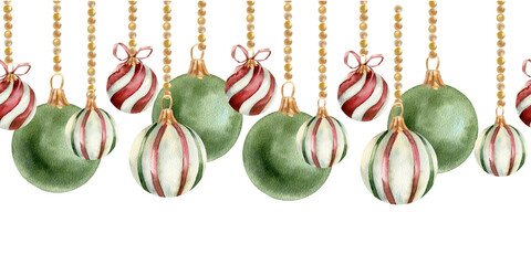 Christmas tree decor watercolor seamless border with striped,green and red round balls on golden chain illustration.Hand drawn New year traditional banner for wallpaper, decor,stationery,poster design