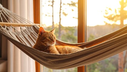 Ginger cat relaxing in hammock with sunset.