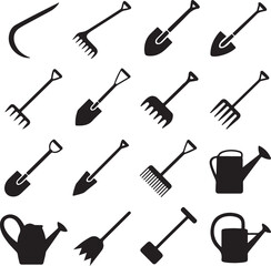 Assortment of garden tool silhouettes including shovels rakes and watering cans vector illustration