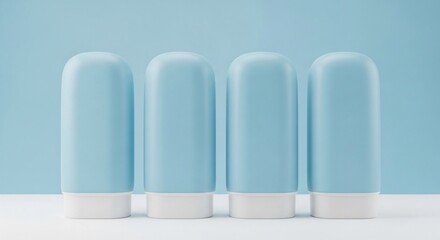 Four clean blue cosmetic bottles stand in a row