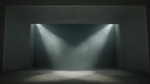 Dark Room with Stage Lighting and Smoke - Two spotlights illuminate an empty, dark room filled with a light fog or smoke. The concrete floor and empty walls create a dramatic, moody atmosphere.