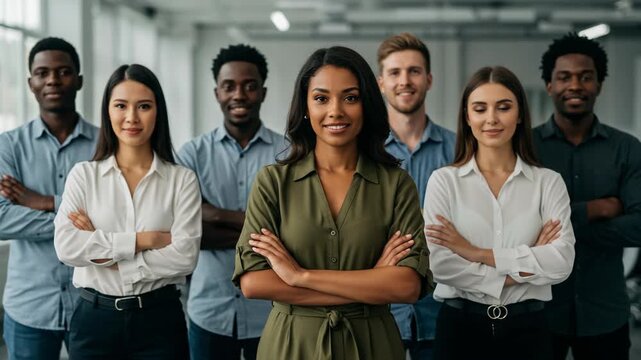 A diverse team of business people stands together for a corporate portrait, symbolizing success, leadership, and a happy work environment
