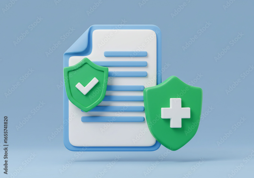 Aufkleber a 3d render shows a document protected by a green checkmark shield and a medical cross shield on a l