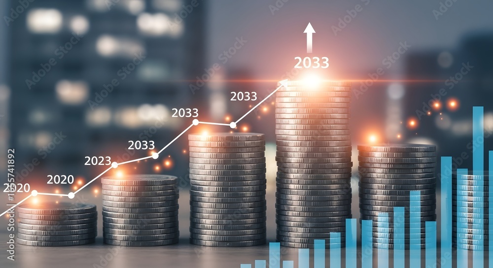 Aufkleber stacks of coins with an upward trending line graph and vertical bars representing growth to the year