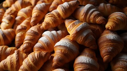 Delicious pile of golden flaky croissants, some generously dusted with white powdered sugar, showcasing rich texture