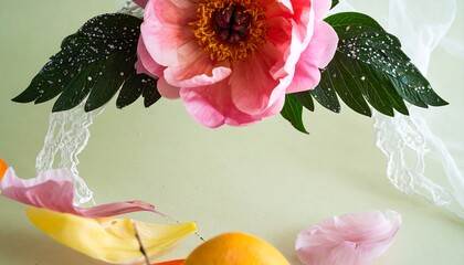 Delicate floral arrangement with lace and fruit petals.