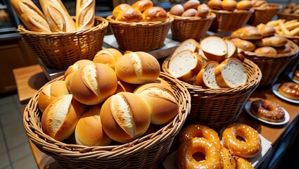 Rustic wicker baskets overflowing with freshly baked bread rolls, sliced loaves, baguettes, and glazed donuts
