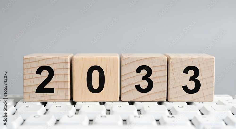 Poster wooden blocks displaying the year two thousand thirty three on a white computer keyboard surface