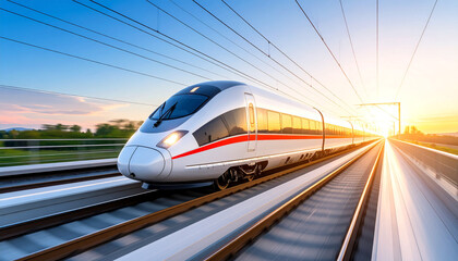 Naklejka premium High-Speed Train Moving at Sunrise