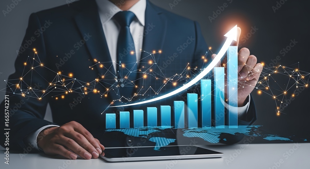Poster a businessman touching a rising bar graph with an upward arrow and network connections overlayed