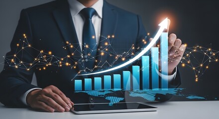A businessman touching a rising bar graph with an upward arrow and network connections overlayed