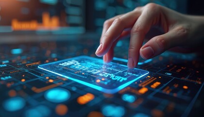 Digital transaction interface with glowing credit card, secure online payment processing, banking integration and encryption layers. Automation enhances financial workflow and productivity.