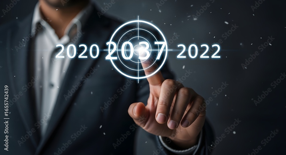 Poster a man in a suit pointing at a target with the year 2037 in the center between 2020 and 2022
