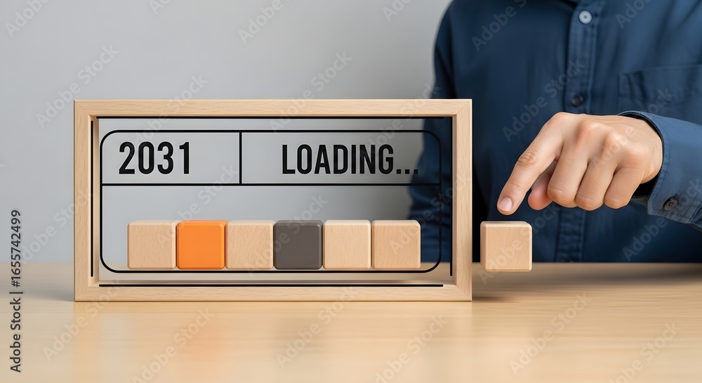 Poster a person adding a block to a loading bar with the date 2031 on it indicating future progress