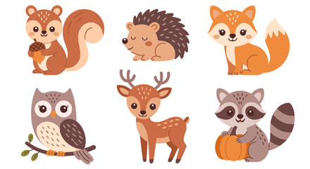 Obraz premium Woodland autumn animals vector set including squirrel, hedgehog, fox, owl, deer, and raccoon holding pumpkin. Perfect for kids, autumn, forest, and nature-themed designs