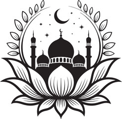 mosque, silhouette, lotus, flower, islamic, religious, crescent moon, stars, monochrome, design, architecture, illustration, islam, floral, geometric, symbol, vector, art, drawing, decoration, ornamen