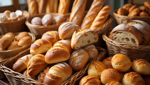 Abundant display of freshly baked artisan breads and golden rolls overflowing from rustic wicker baskets