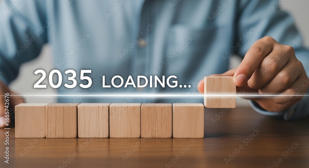 Poster a person places a wooden block in a row with the text loading and the year twenty thirty five