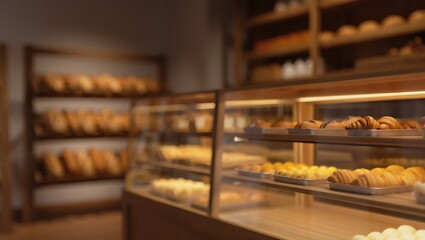 Golden croissants and fresh pastries illuminated in a cozy bakery display case with blurred bread shelves