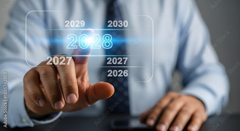 Poster a person touches a digital screen displaying years from to with highlighted year in the center