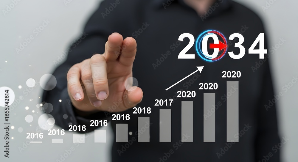 Poster a person pointing at a graph showing growth towards the year twenty thirty four with an arrow