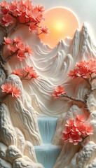 Serene oriental scene features sculpted white mountains, gentle waterfall, blooming coral branches. Soft sun illuminates delicate, intricate floral relief, creating peaceful, harmonious atmosphere