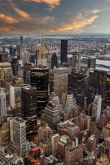 Sunset Aerial View from the Empire State Building Observatory. New York City Business Center.