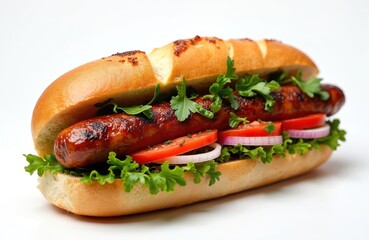 Merguez sausage sandwich in bun with lettuce, tomato, onion. Moroccan specialty features grilled sausage seasoned with spices, offering flavorful street food experience. Fresh ingredients, white