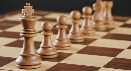 A wooden chess set featuring a king piece alongside pawns and rooks on a checkered board surface