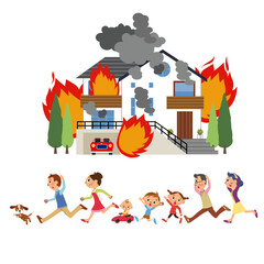一軒家や火事になって逃げる三世代家族 © Habu