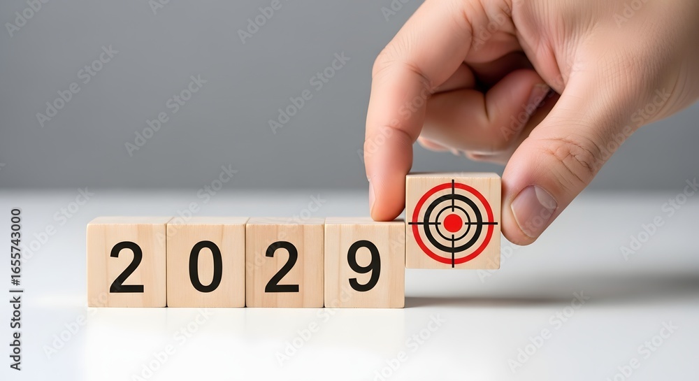 Poster hand placing target block next to wooden blocks spelling out the year twenty twenty nine on white