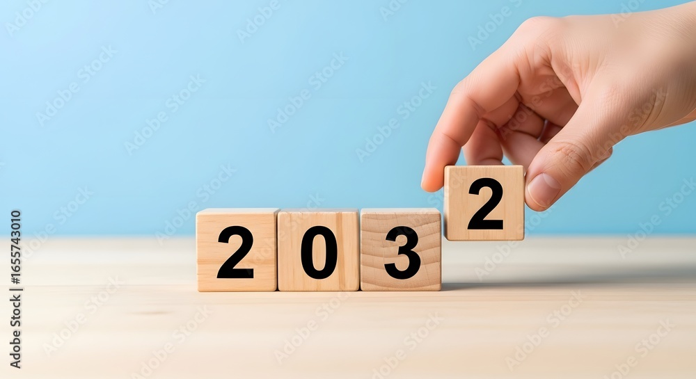 Poster hand placing wooden block with number two to complete the year two thousand thirty two on table