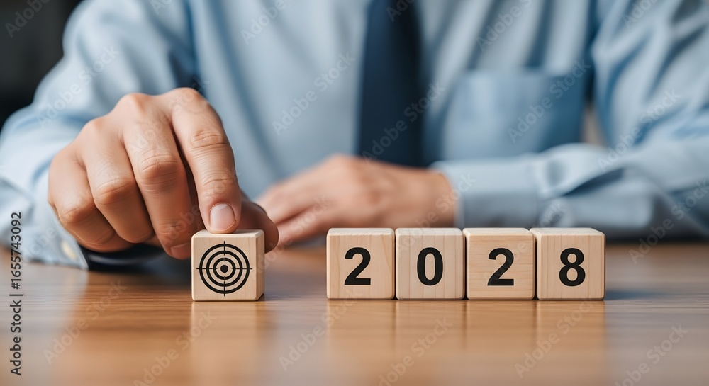 Poster man arranging wooden blocks with target and year representing planning and goal setting for future