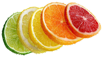Flat lay of citrus fruit slices including orange lemon lime and grapefruit on transparent background