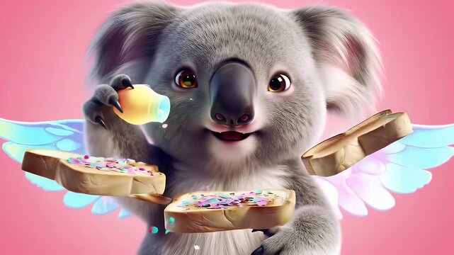 Cute Koala with Winged Toast Treats Against a Pink Background Animation Design