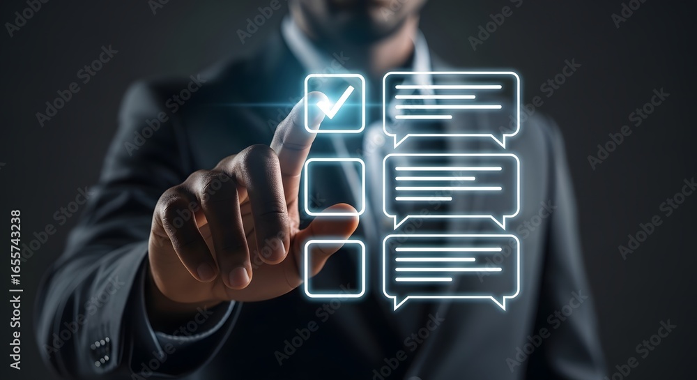 Poster man in suit interacting with digital checklist interface with glowing checkboxes and speech bubbles