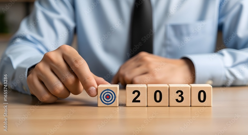 Poster man places target block next to blocks spelling out the year two thousand and thirty on table